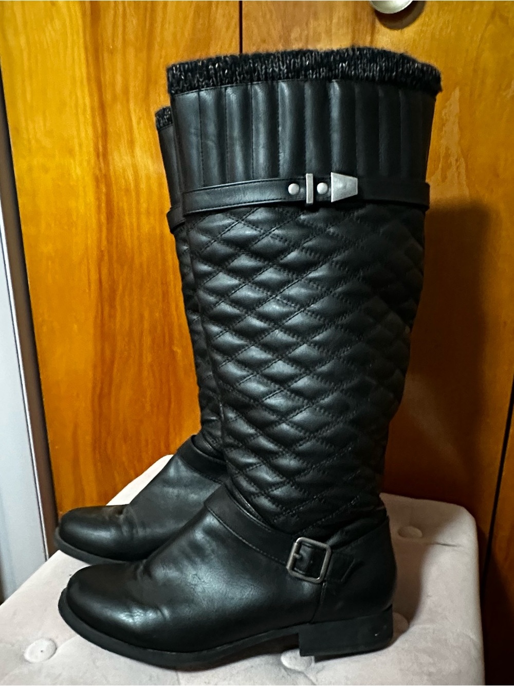 JustFab Black Quilted Knee-High Buckle Boots
